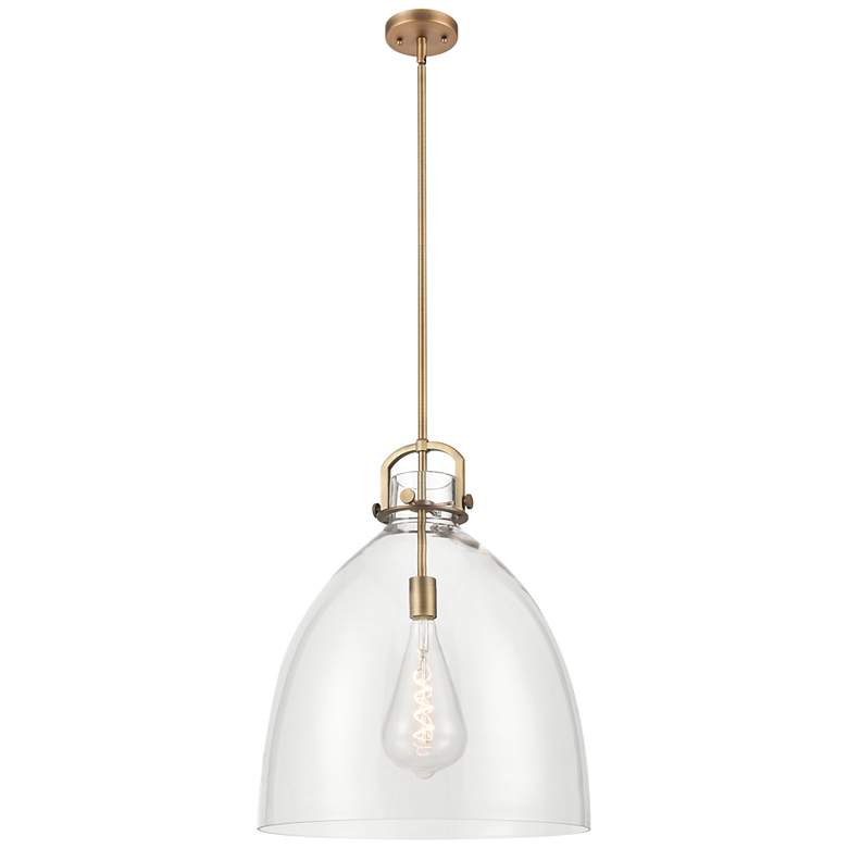 Image 1 Newton Bell 18" Wide Stem Hung Brushed Brass Pendant With Clear Shade