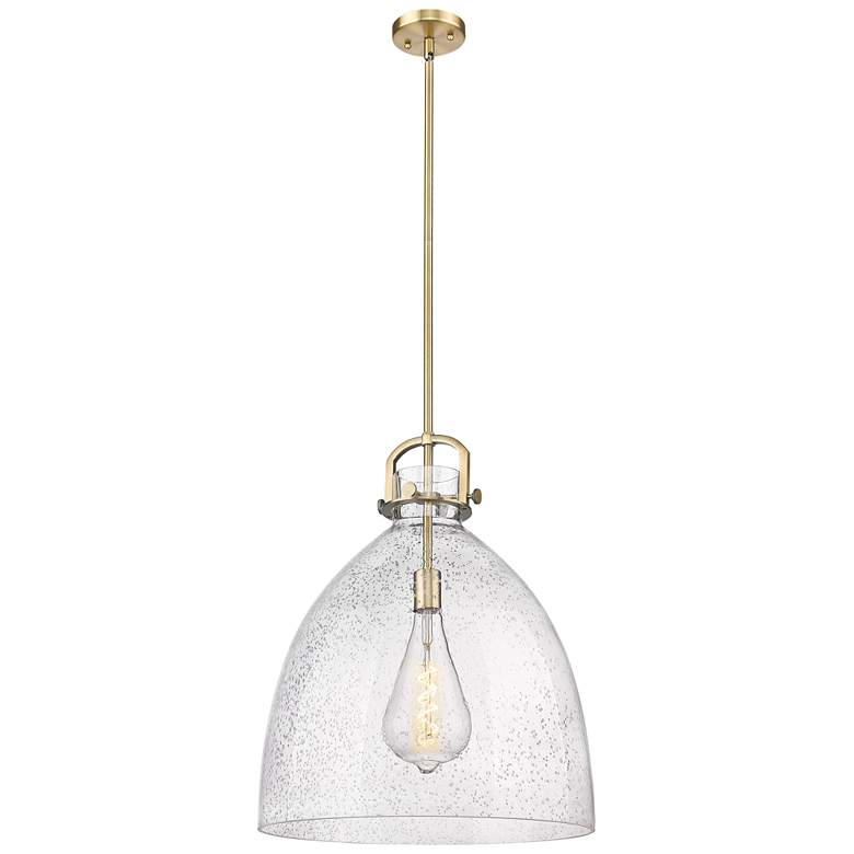 Image 1 Newton Bell 18" Wide Stem Hung Brushed Brass Pendant With Seedy Shade