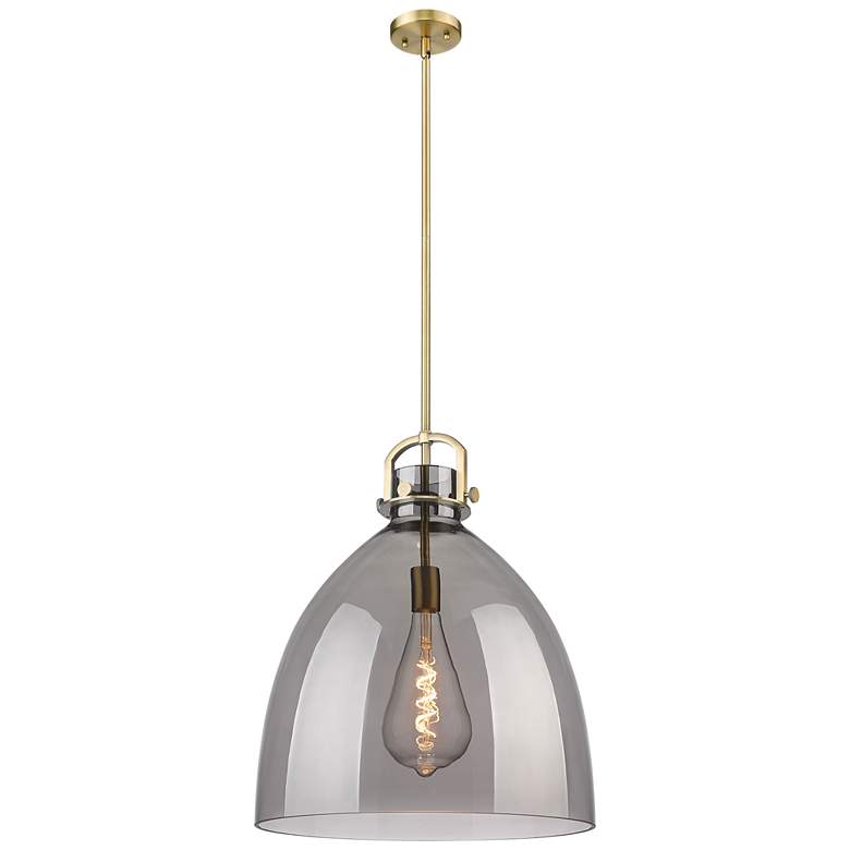 Image 1 Newton Bell 18" Wide Stem Hung Brushed Brass Pendant With Smoke Shade