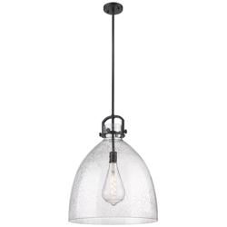 Newton Bell 18&quot; Wide Stem Hung Matte Black Pendant With Seedy Shade