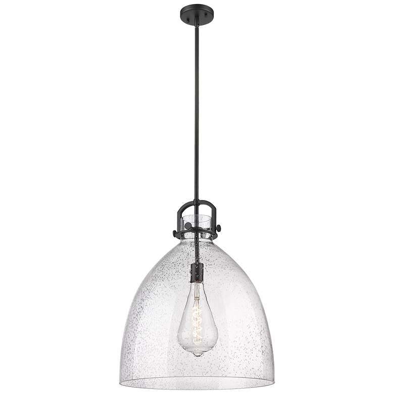 Image 1 Newton Bell 18 inch Wide Stem Hung Matte Black Pendant With Seedy Shade