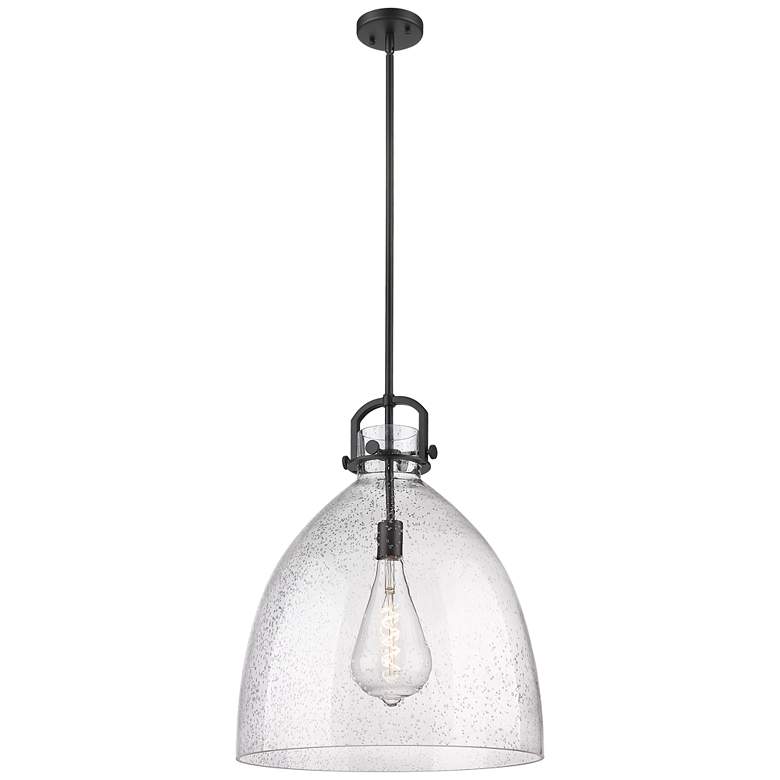 Image 1 Newton Bell 18" Wide Stem Hung Matte Black Pendant With Seedy Shade