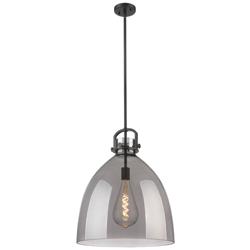 Newton Bell 18&quot; Wide Stem Hung Matte Black Pendant With Smoke Shade