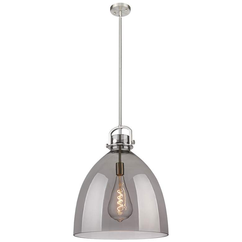 Image 1 Newton Bell 18" Wide Stem Hung Satin Nickel Pendant With Smoke Shade
