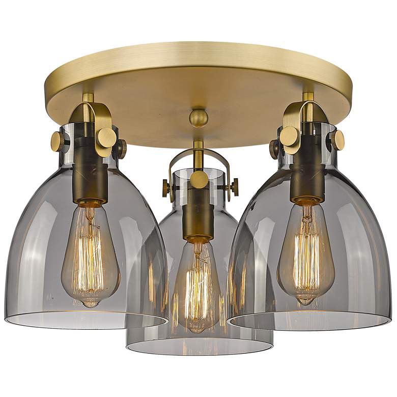 Image 1 Newton Bell 19.63"W 3 Light Brushed Brass Flush Mount w/ Plated Smoke