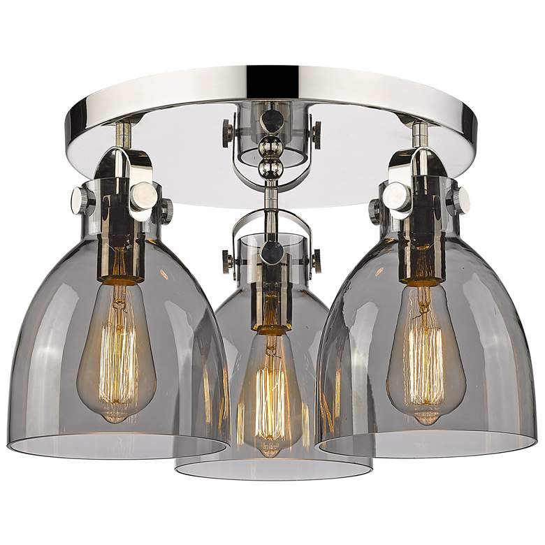 Image 1 Newton Bell 19.63"W 3 Light Polished Nickel Flush Mount w/ Smoke Shade