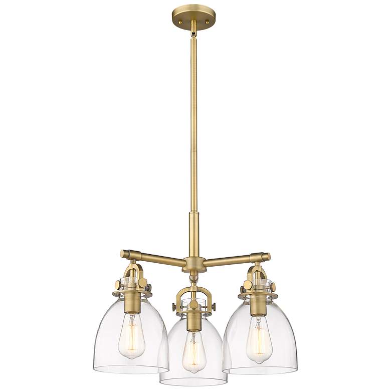 Image 1 Newton Bell 20.4"W 3 Light Stem Hung Brushed Brass Pendant w/ Clear Sh