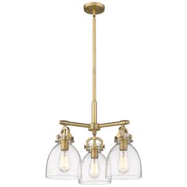 Newton Bell 20.4"W 3 Light Stem Hung Brushed Brass Pendant w/ Seedy Sh Newton Bell 20.4"W 3 Light Stem Hung Brushed Brass Pendant w/ Seedy Sh