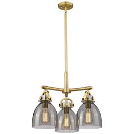 Newton Bell 20.4"W 3 Light Stem Hung Brushed Brass Pendant w/ Smoke Sh Newton Bell 20.4"W 3 Light Stem Hung Brushed Brass Pendant w/ Smoke Sh