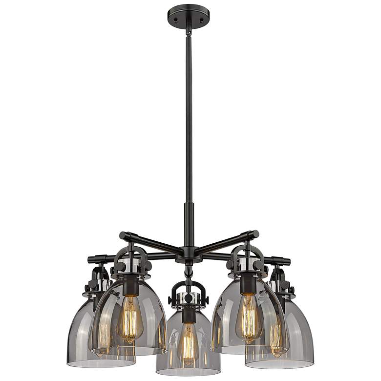 Image 1 Newton Bell 26"W 5 Light Black Stemmed Chandelier w/ Smoke Shade