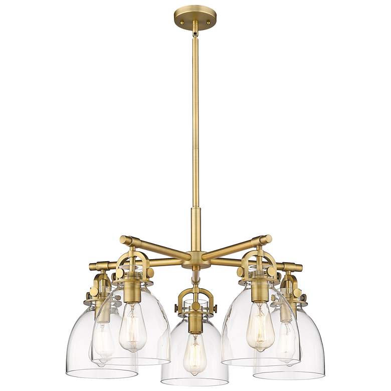 Image 1 Newton Bell 26"W 5 Light Brushed Brass Stem Hung Chandelier w/ Clear S