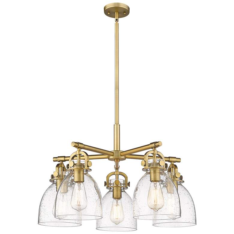 Image 1 Newton Bell 26"W 5 Light Brushed Brass Stem Hung Chandelier w/ Seedy S