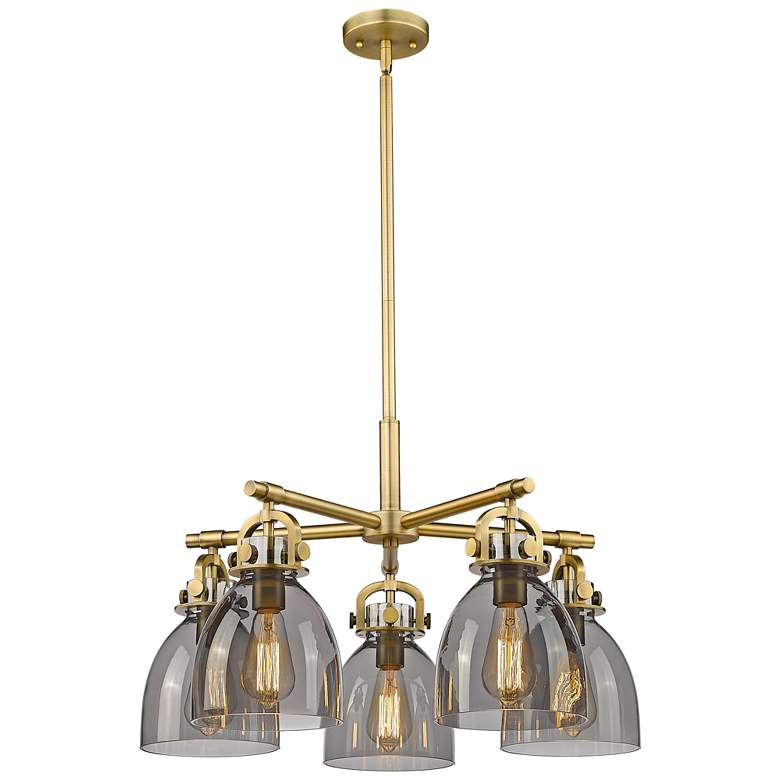 Image 1 Newton Bell 26"W 5 Light Brushed Brass Stemmed Chandelier w/ Smoke Sha
