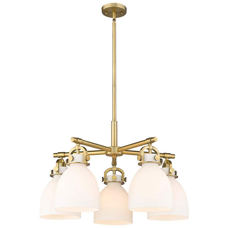 Image 1 Newton Bell 26"W 5 Light Brushed Brass Stemmed Chandelier w/ White Sha