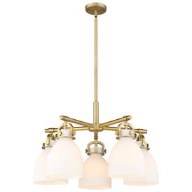 Newton Bell 26"W 5 Light Brushed Brass Stemmed Chandelier w/ White Sha Newton Bell 26"W 5 Light Brushed Brass Stemmed Chandelier w/ White Sha
