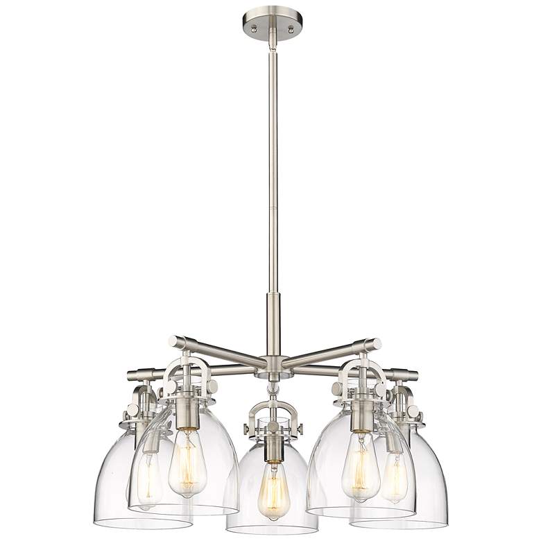 Image 1 Newton Bell 26 inchW 5 Light Satin Nickel Stem Hung Chandelier With Clear 