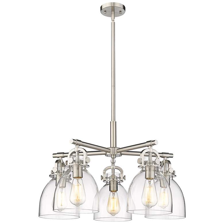 Image 1 Newton Bell 26"W 5 Light Satin Nickel Stem Hung Chandelier With Clear