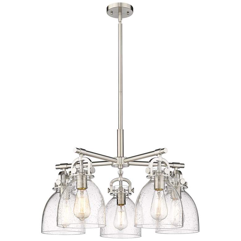 Image 1 Newton Bell 26"W 5 Light Satin Nickel Stem Hung Chandelier With Seedy