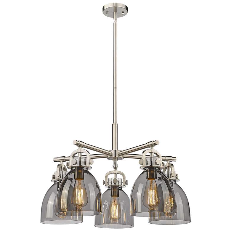 Image 1 Newton Bell 26"W 5 Light Satin Nickel Stemmed Chandelier w/ Smoke Shad