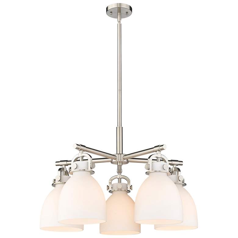 Image 1 Newton Bell 26"W 5 Light Satin Nickel Stemmed Chandelier w/ White Shad