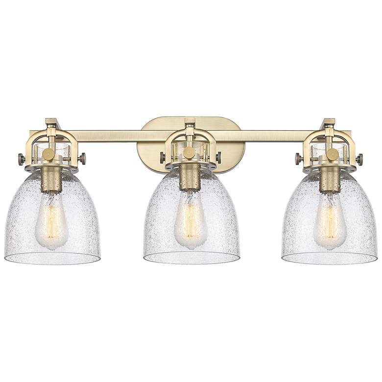 Image 1 Newton Bell 27 inch Wide 3 Light Brushed Brass Bath Light With Seedy Shade