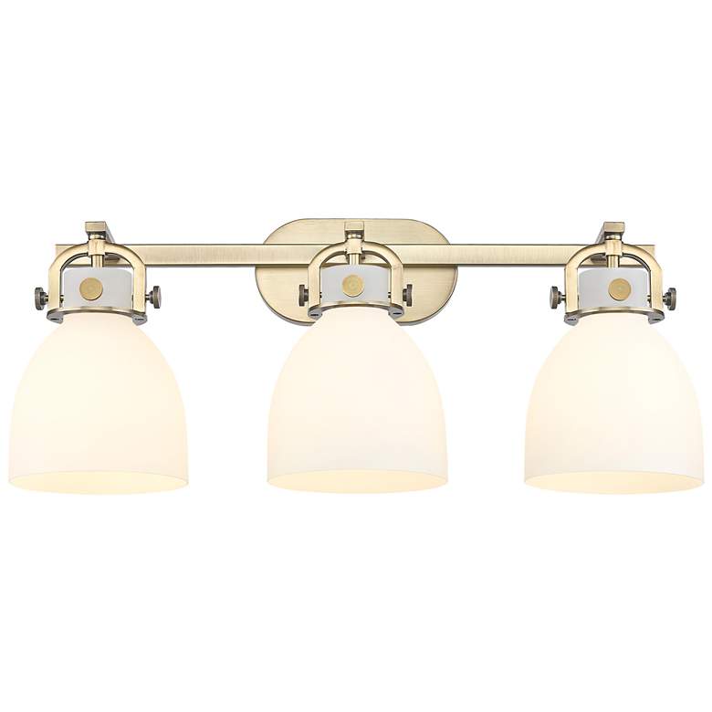 Image 1 Newton Bell 27"W 3 Light Brushed Brass Bath Light With Matte White Sha