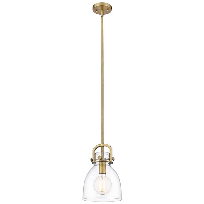 Image 1 Newton Bell 8" Stem Hung LED Mini Pendant - Brushed Brass - Clear Shad