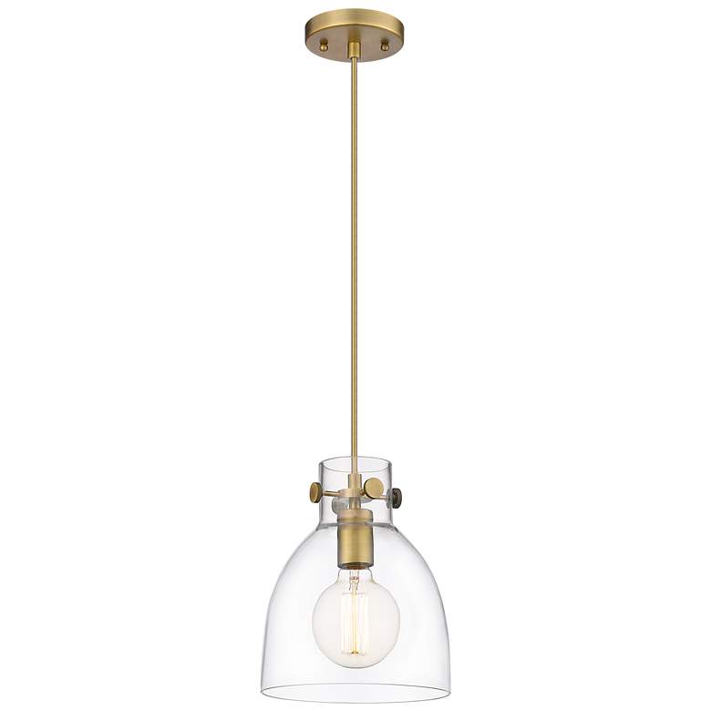Image 1 Newton Bell 8" Wide Brushed Brass Cord Hung Pendant With Clear Glass S