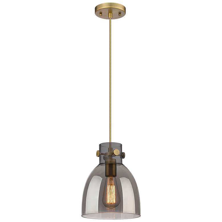 Image 1 Newton Bell 8" Wide Brushed Brass Cord Hung Pendant With Plated Smoke