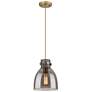 Newton Bell 8" Wide Brushed Brass Cord Hung Pendant With Plated Smoke