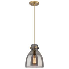 Newton Bell 8" Wide Brushed Brass Cord Hung Pendant With Plated Smoke Newton Bell 8" Wide Brushed Brass Cord Hung Pendant With Plated Smoke