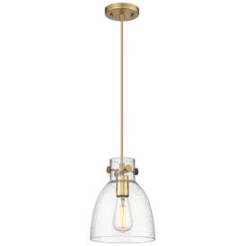 Newton Bell 8" Wide Brushed Brass Cord Hung Pendant With Seedy Glass S Newton Bell 8" Wide Brushed Brass Cord Hung Pendant With Seedy Glass S