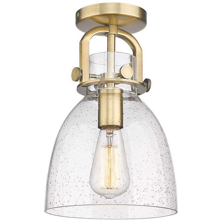 Image 1 Newton Bell 8" Wide Brushed Brass Flush Mount with Seedy Shade