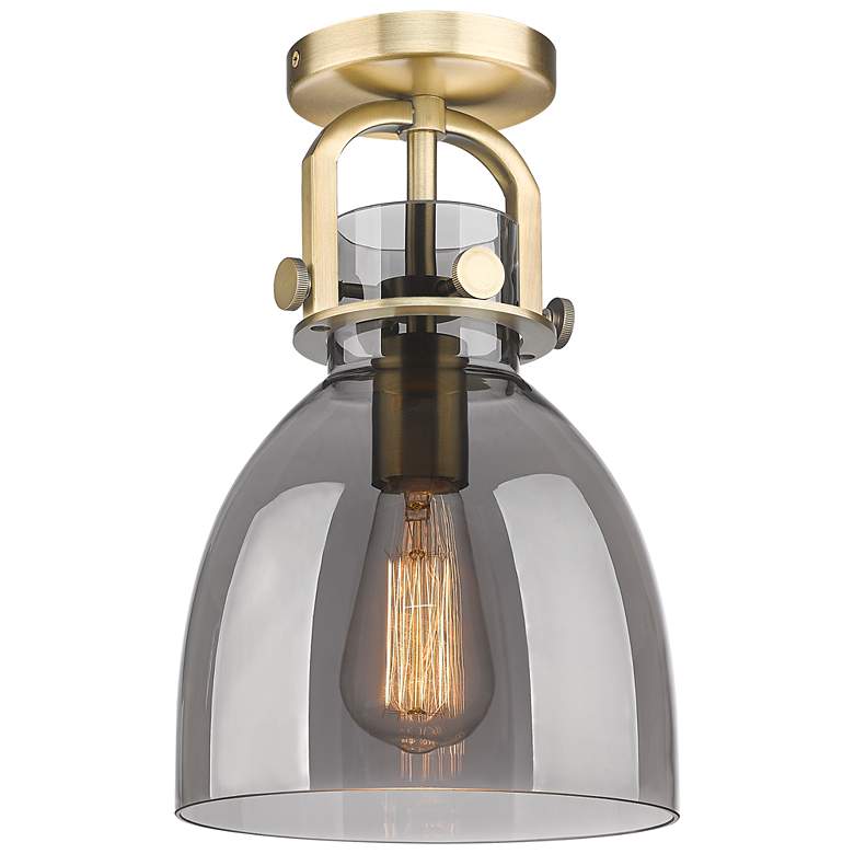 Image 1 Newton Bell 8" Wide Brushed Brass Flush Mount with Smoke Shade