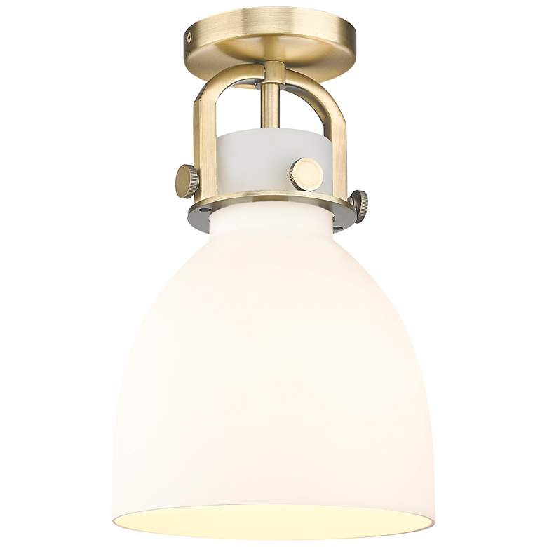 Image 1 Newton Bell 8" Wide Brushed Brass Flush Mount with White Shade