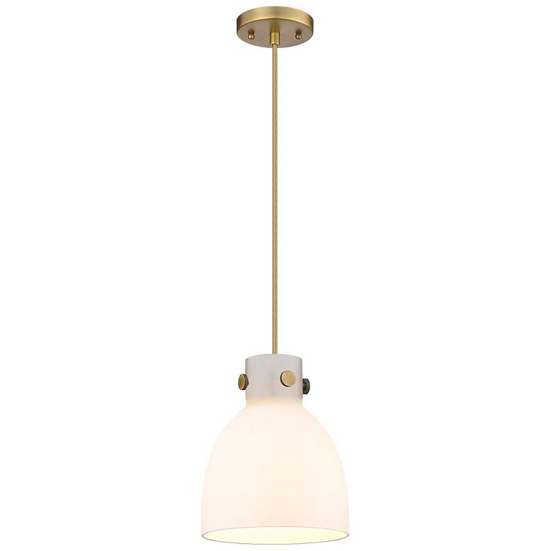 Image 1 Newton Bell 8 inch Wide Cord Hung Brushed Brass Pendant With White Shade