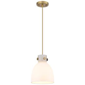 Newton Bell 8" Wide Cord Hung Brushed Brass Pendant With White Shade Newton Bell 8" Wide Cord Hung Brushed Brass Pendant With White Shade
