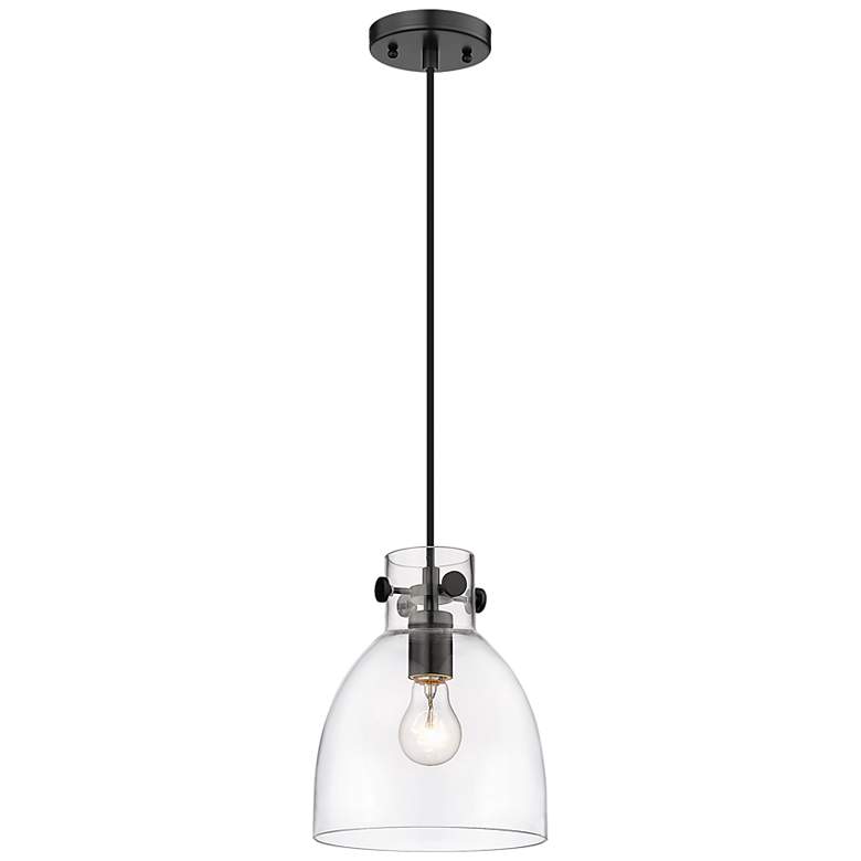 Image 1 Newton Bell 8" Wide Matte Black Cord Hung Pendant With Clear Glass Sha