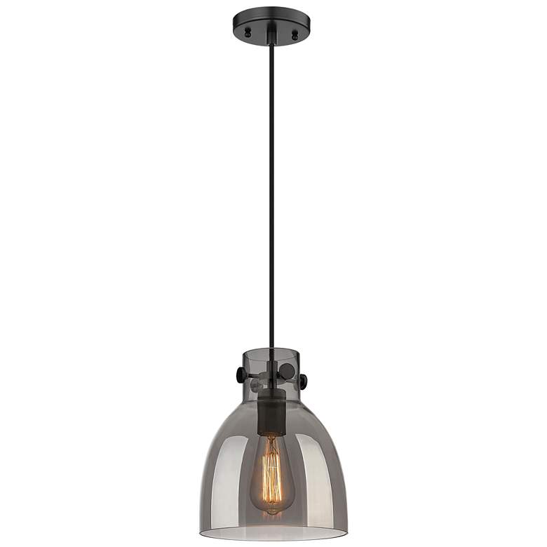 Image 1 Newton Bell 8" Wide Matte Black Cord Hung Pendant With Plated Smoke Sh