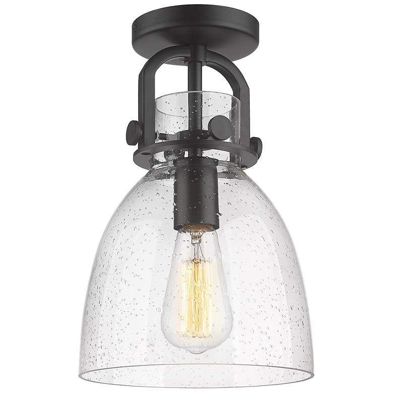 Image 1 Newton Bell 8" Wide Matte Black Flush Mount with Seedy Shade