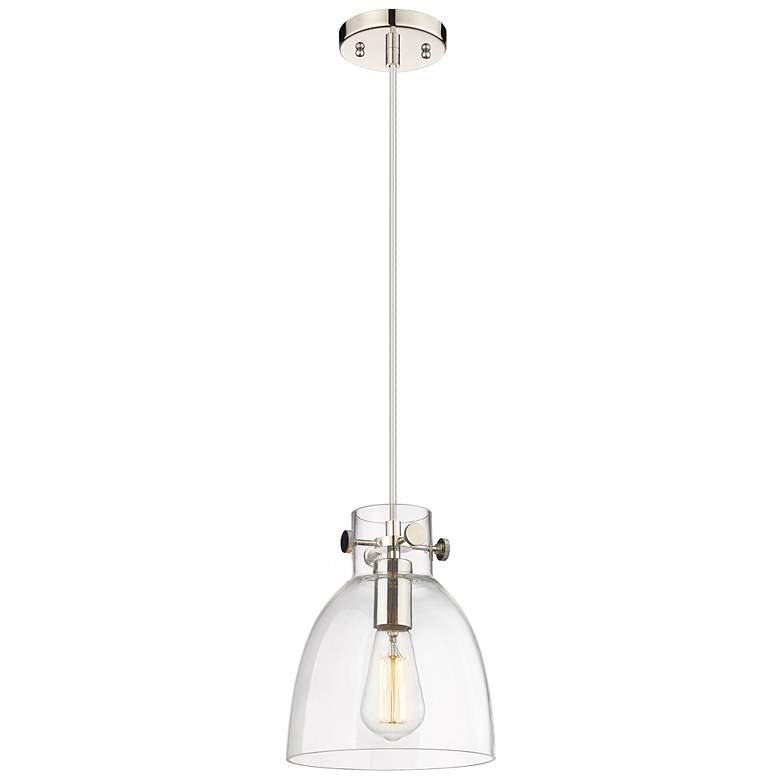 Image 1 Newton Bell 8" Wide Polished Nickel Cord Hung Pendant With Clear Shade