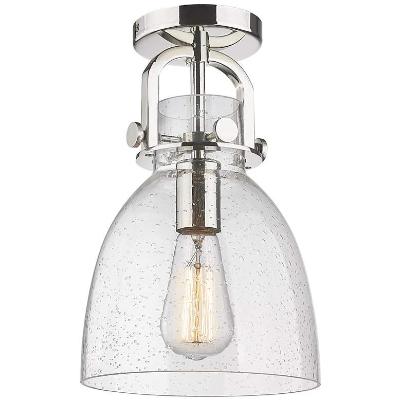Image 1 Newton Bell 8" Wide Polished Nickel Flush Mount with Seedy Shade