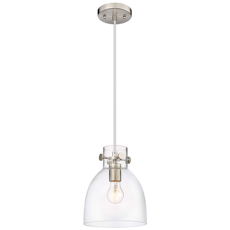 Image 1 Newton Bell 8" Wide Satin Nickel Cord Hung Pendant With Clear Glass Sh