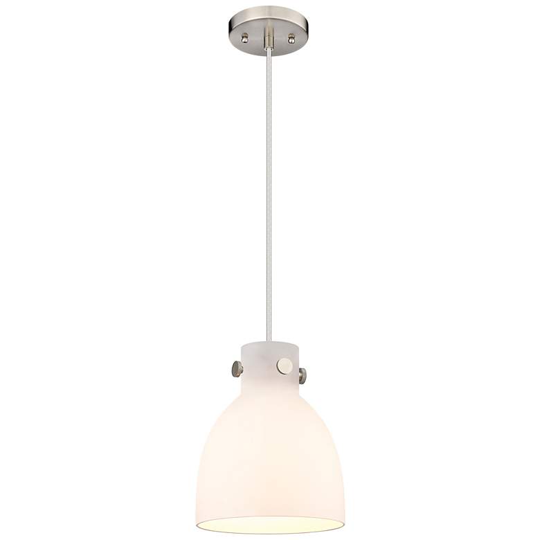 Image 1 Newton Bell 8" Wide Satin Nickel Cord Hung Pendant With Matte White Sh