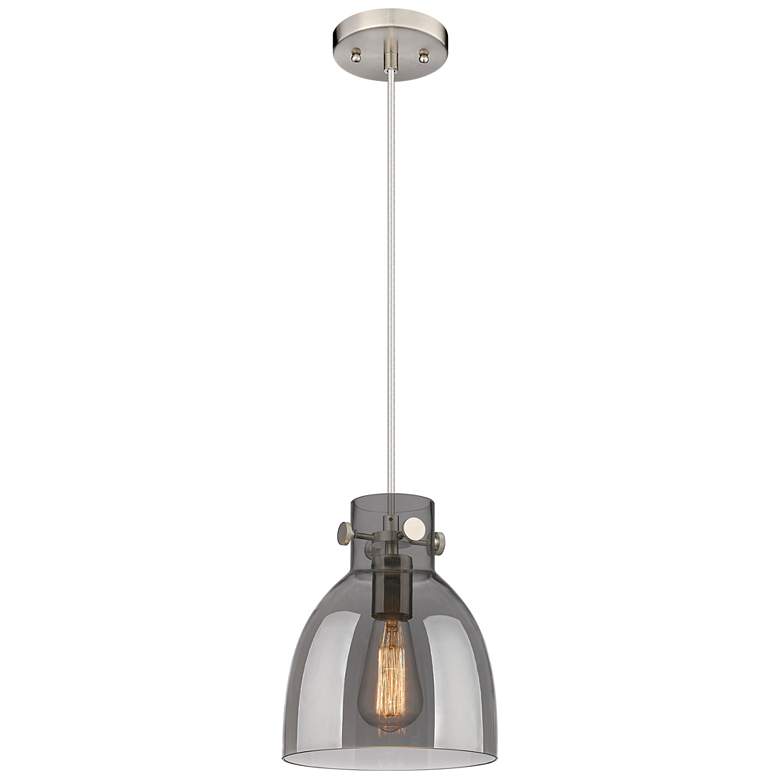 Image 1 Newton Bell 8" Wide Satin Nickel Cord Hung Pendant With Plated Smoke S