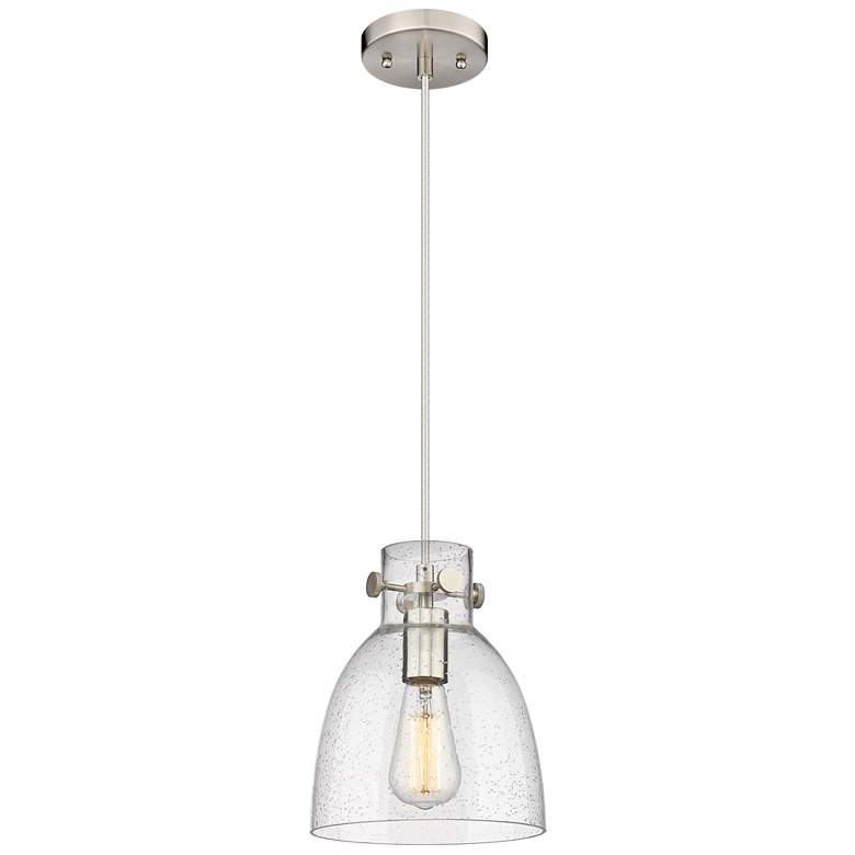 Image 1 Newton Bell 8" Wide Satin Nickel Cord Hung Pendant With Seedy Glass Sh