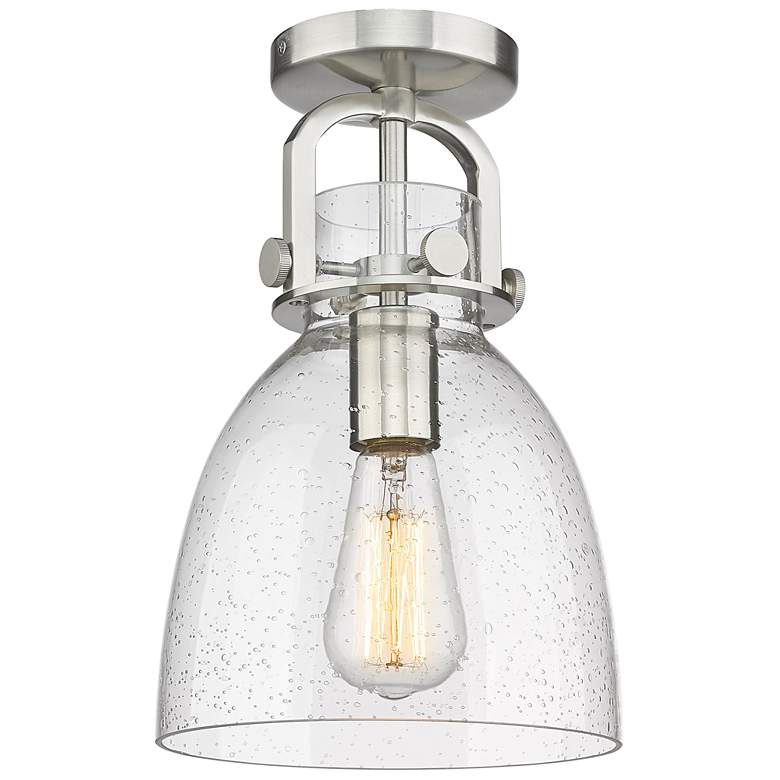 Image 1 Newton Bell 8" Wide Satin Nickel Flush Mount with Seedy Shade