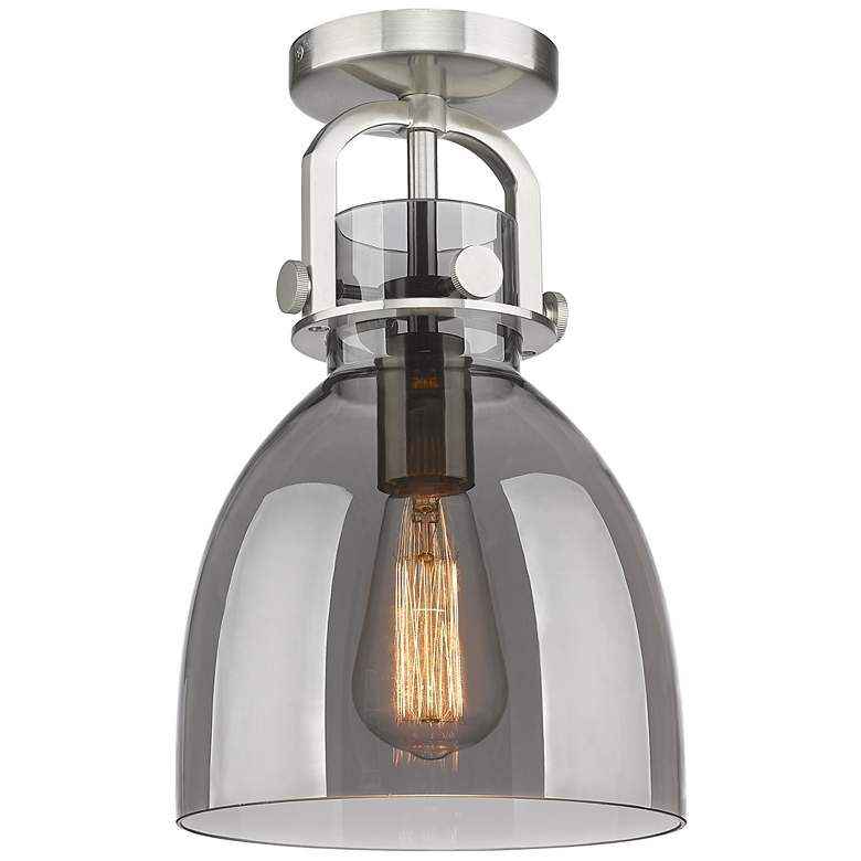Image 1 Newton Bell 8" Wide Satin Nickel Flush Mount with Smoke Shade
