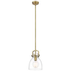 Newton Bell 8" Wide Stem Hung Brushed Brass Pendant With Clear Shade