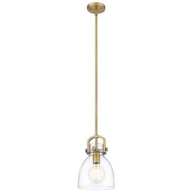 Newton Bell 8" Wide Stem Hung Brushed Brass Pendant With Clear Shade Newton Bell 8" Wide Stem Hung Brushed Brass Pendant With Clear Shade